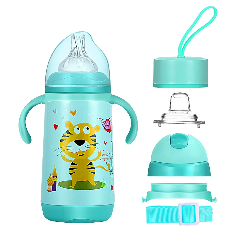 
5-in-one Function Double Wall Insulated Vacuum Flask with Nipple Straw Design Stainless Steel 304 Baby Feeding Bottle 300ml 