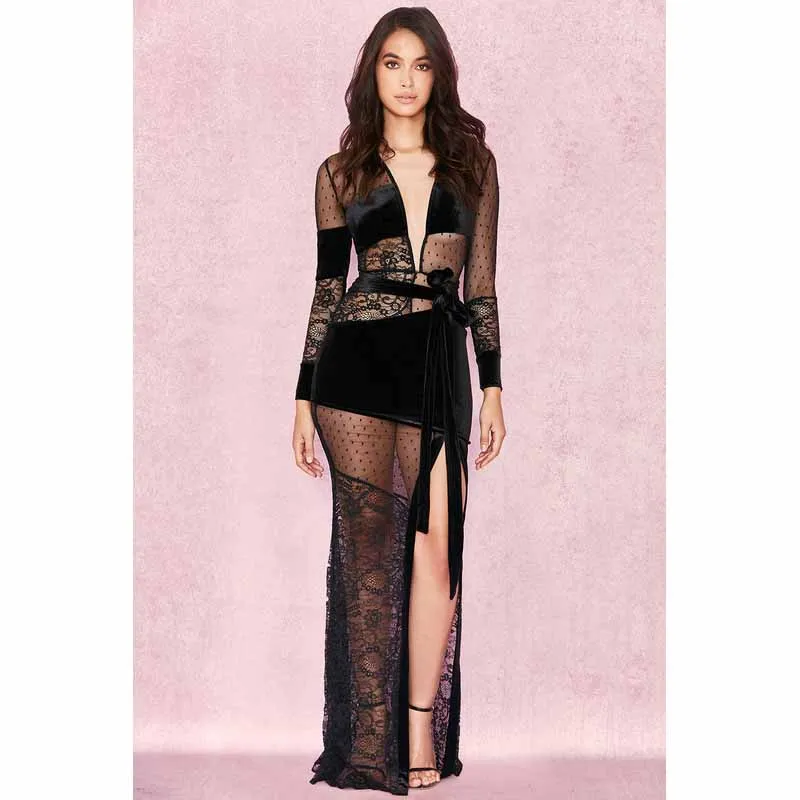 
C1122 sexy lace splice velvet black deep v neck dress club high slit party dress Ruffles Vestidos 