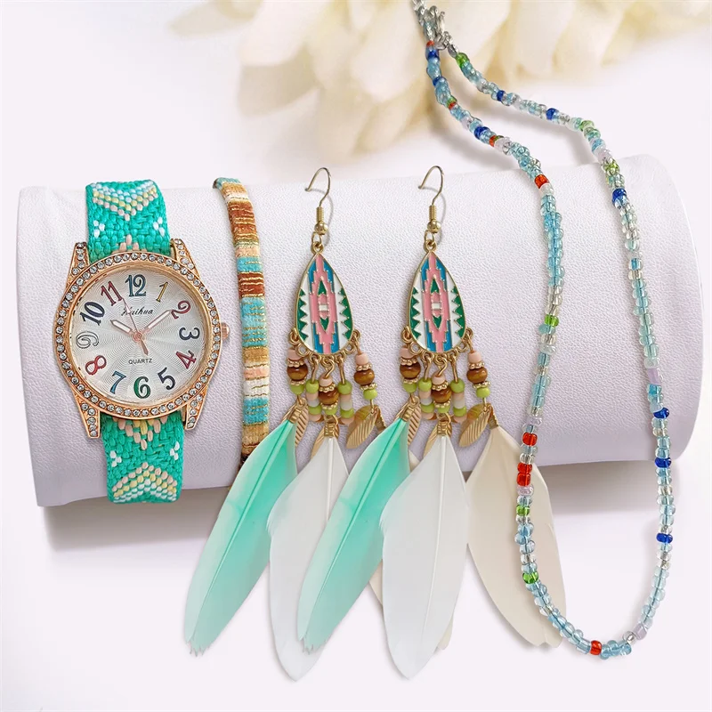 WJ-11395 women woven sets custom logo watches Bohemia necklace bracelet earrings set style watches set