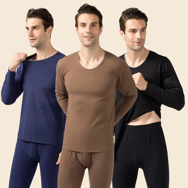 Autumn Winter Jacquard Cashmere Thick Thermal Tops Pants Set Elastic Fabric Thermal Underwear Slim Fit Fleece Long Johns for Men
