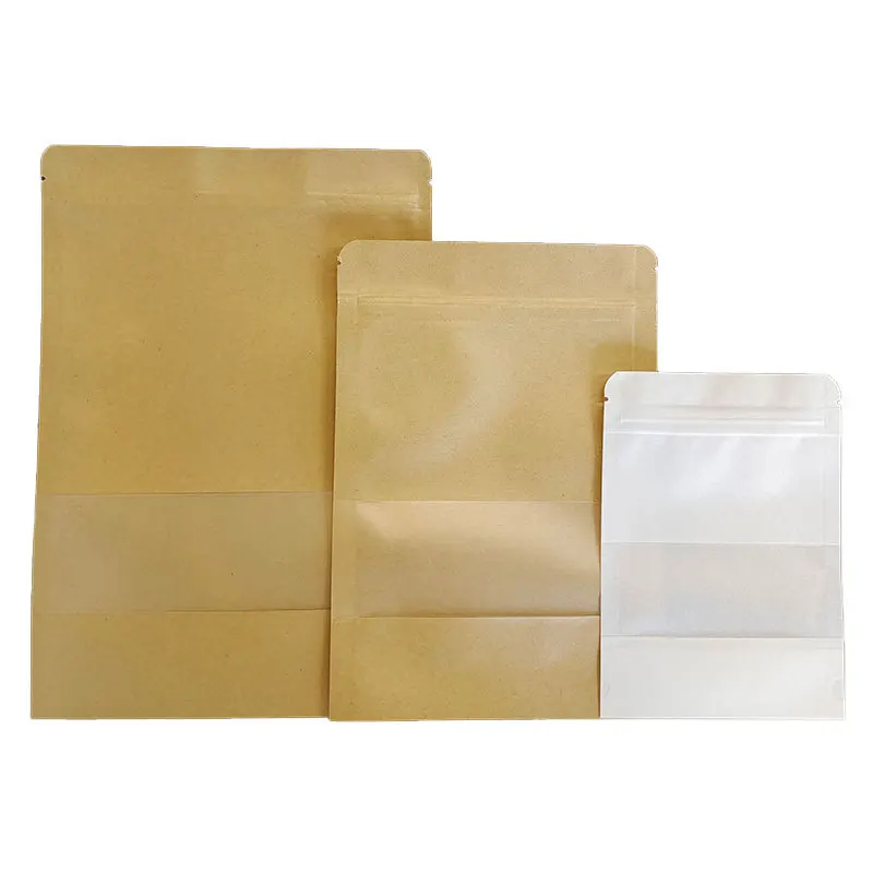 Eco-friendly Food Storage White/Brown Kraft Paper Zip Lock Stand up Pouch Bag Zipper with Window