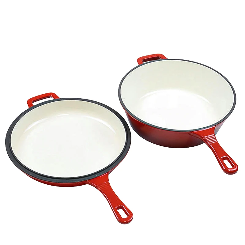 2 In 1 Enameled Cast Iron Cooking Pot Dutch Oven Enamel Non-stick Cast Iron Cookware Set with Long Handle