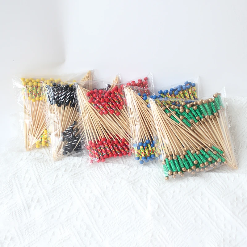 Jimao 2023 bamboo Cocktail Picks Decorative Bamboo Cocktail Party Skewer red yellow black braided picks double red ball
