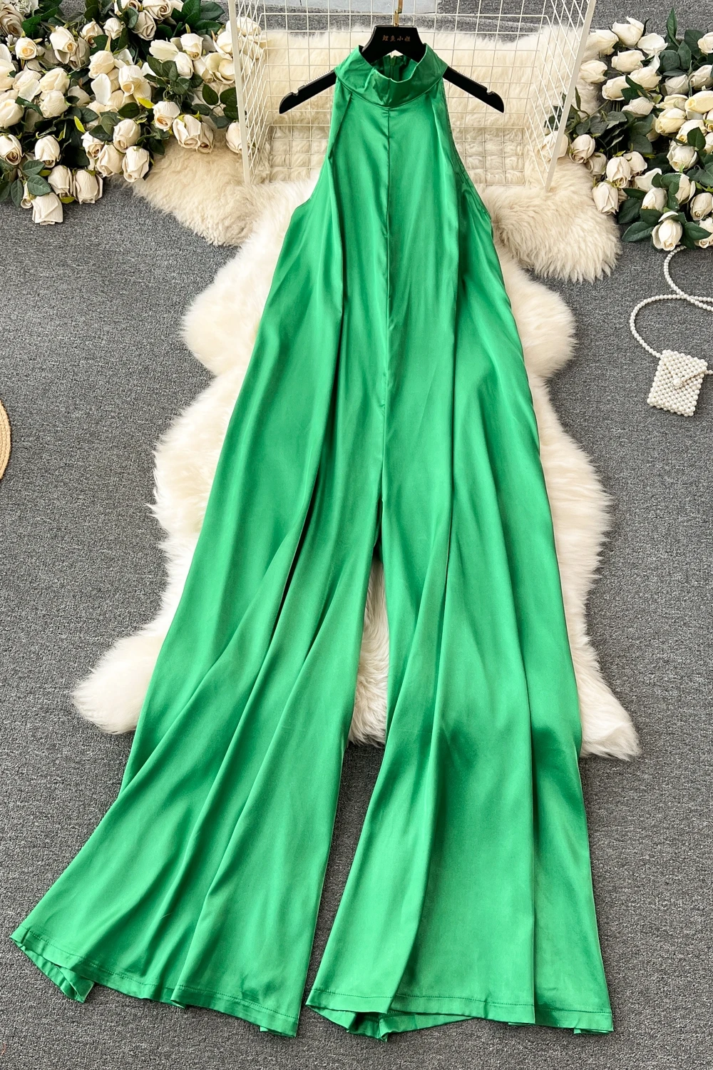 Plus Size Elegant Halter Jumpsuit For Women High Waist Silk Long Jumpsuit Ladies Elegant Overalls Wholesale