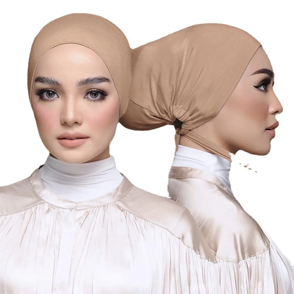 Wholesale New Modal Elastic Lace Bottom Muslim Cap Tie Rope Scarf Hijab with adjustable (S015C)