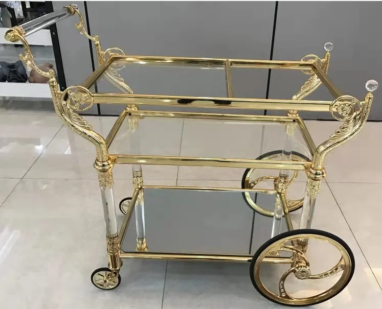 Tempered glass brass trolley shelf furniture gold bar wine cart