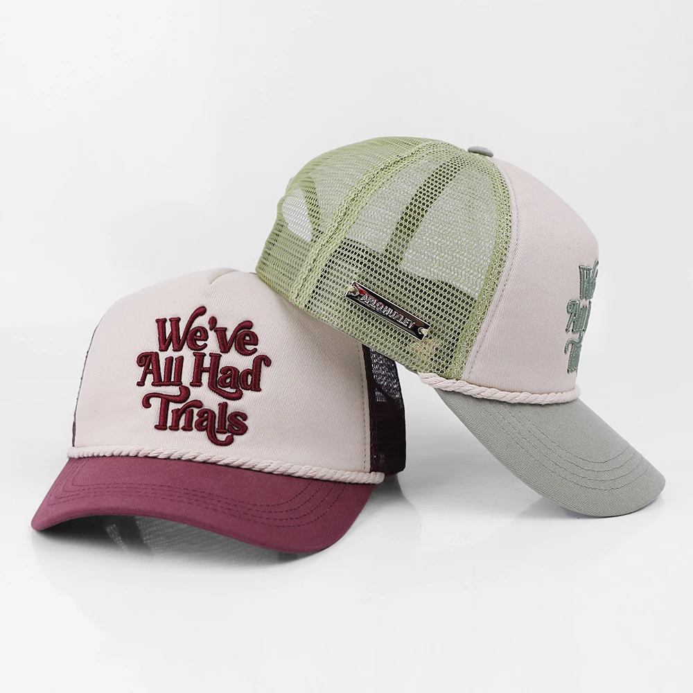 High Quality 5 Panel Mesh Hat Custom 3d Embroidery Logo  2 Tone Trucker Hats With Brim Rope