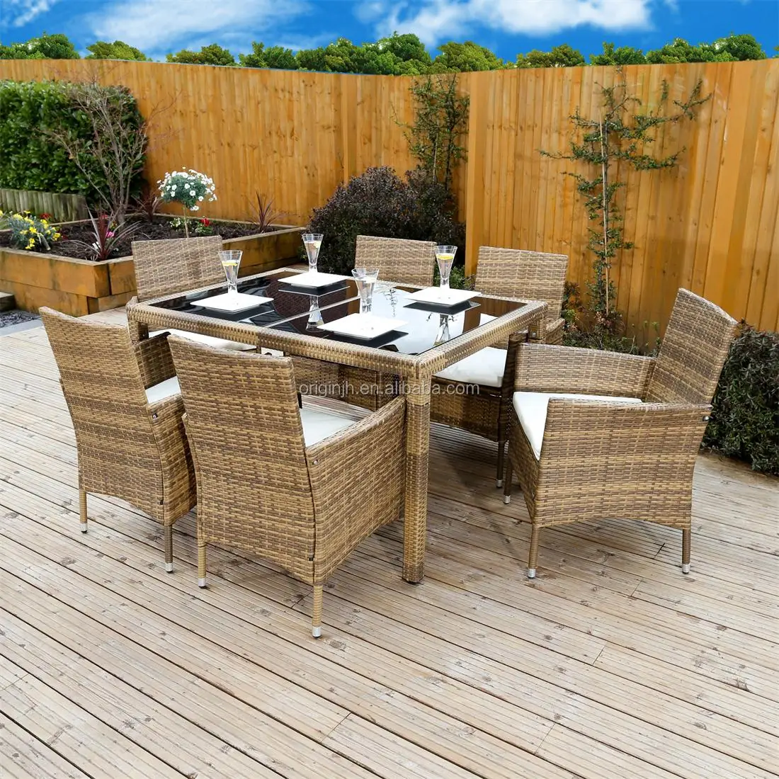 Outdoor modern wicker rattan rectangular table and dining set furniture high back designed garden table chair sets