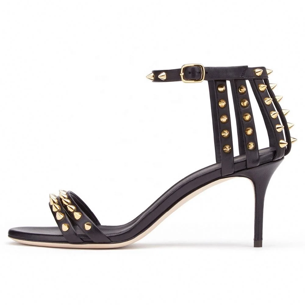 
Factory Wholesale Plus Size Party Shoes 2018 Ankle Strap Mid Heel Summer Shoes Sexy Black Spikes Studded High Heel Sandals Women 
