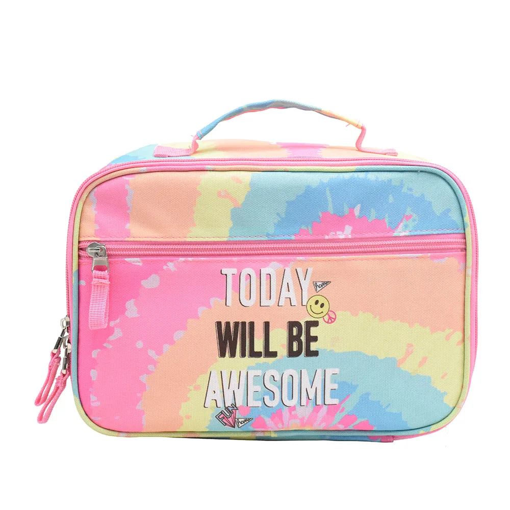 RTS Student Lunch Bag Smiling Face Tie-Dye Series Fashion Letter Printing School Lunch Cooler Tote Bags Bento Bag