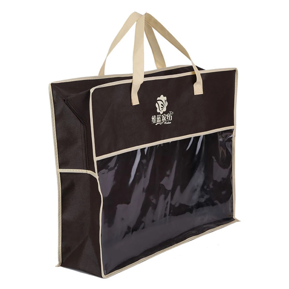 Brown Large Capacity Non-woven and transparent PVC material made packaging shopping bag with zipper closed PVC