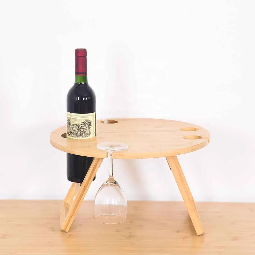 Round Wine Table Wooden Outdoor Picnic Table with Glass Holder Folding Picnic Table