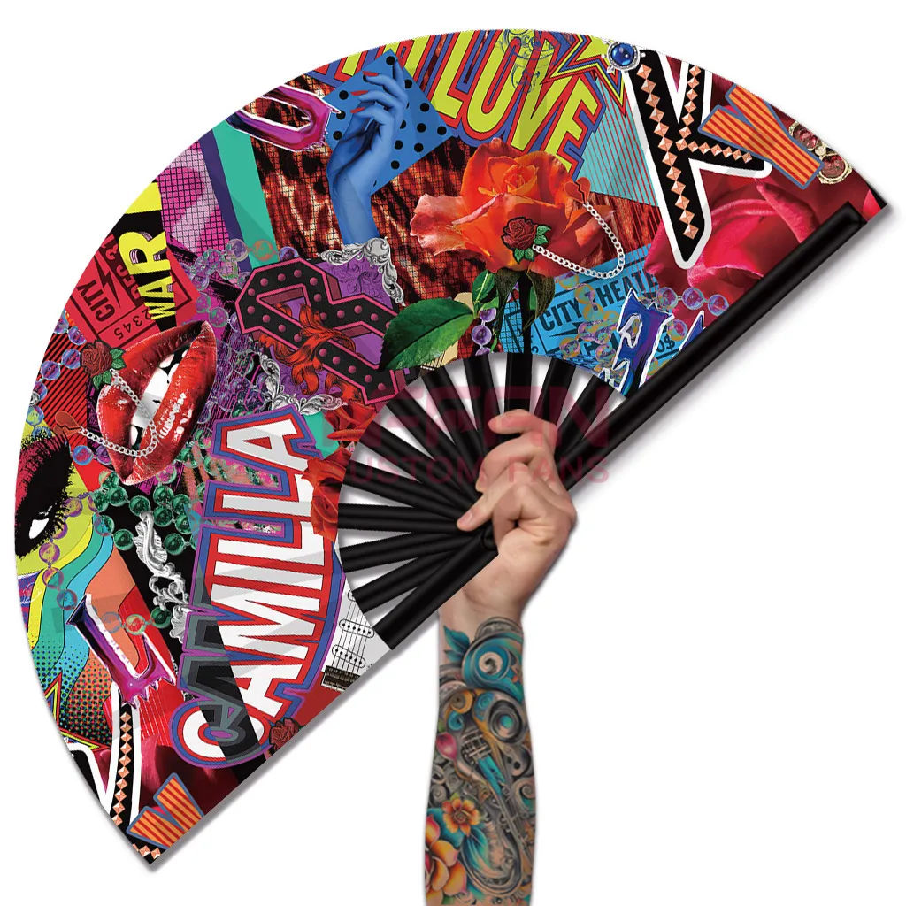 Customized Bamboo Folding Hand Fan Exclusives with UV Glow Fabric Printing for Raves and Musical Festival Fun