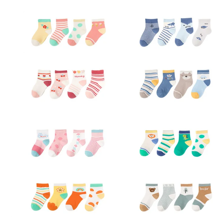 
New Designs 4 Pack Ankle Stripe kids Socks Boys Girls Soft Cotton Cartoon Cute baby socks set 
