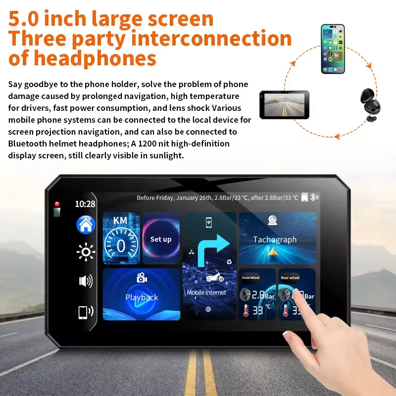 Carlover Dual Sony 2K Wireless CarPlay Android Auto 5 Inch Motorcycle GPS TPMS Tire Pressure Video Recorder