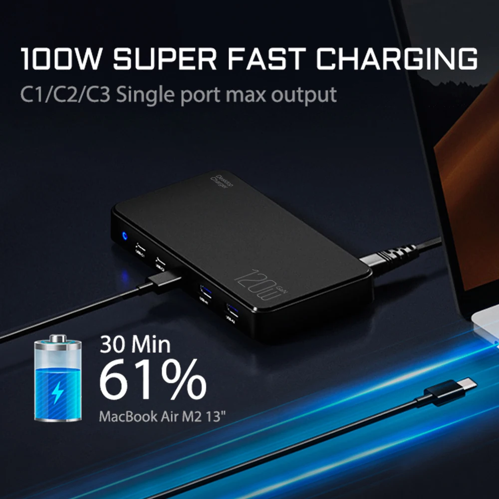 2023 Top Selling Product GaN 120W 5 Ports Fast Charging Station Single Type-C 100W Power Adapter Desktop Charger