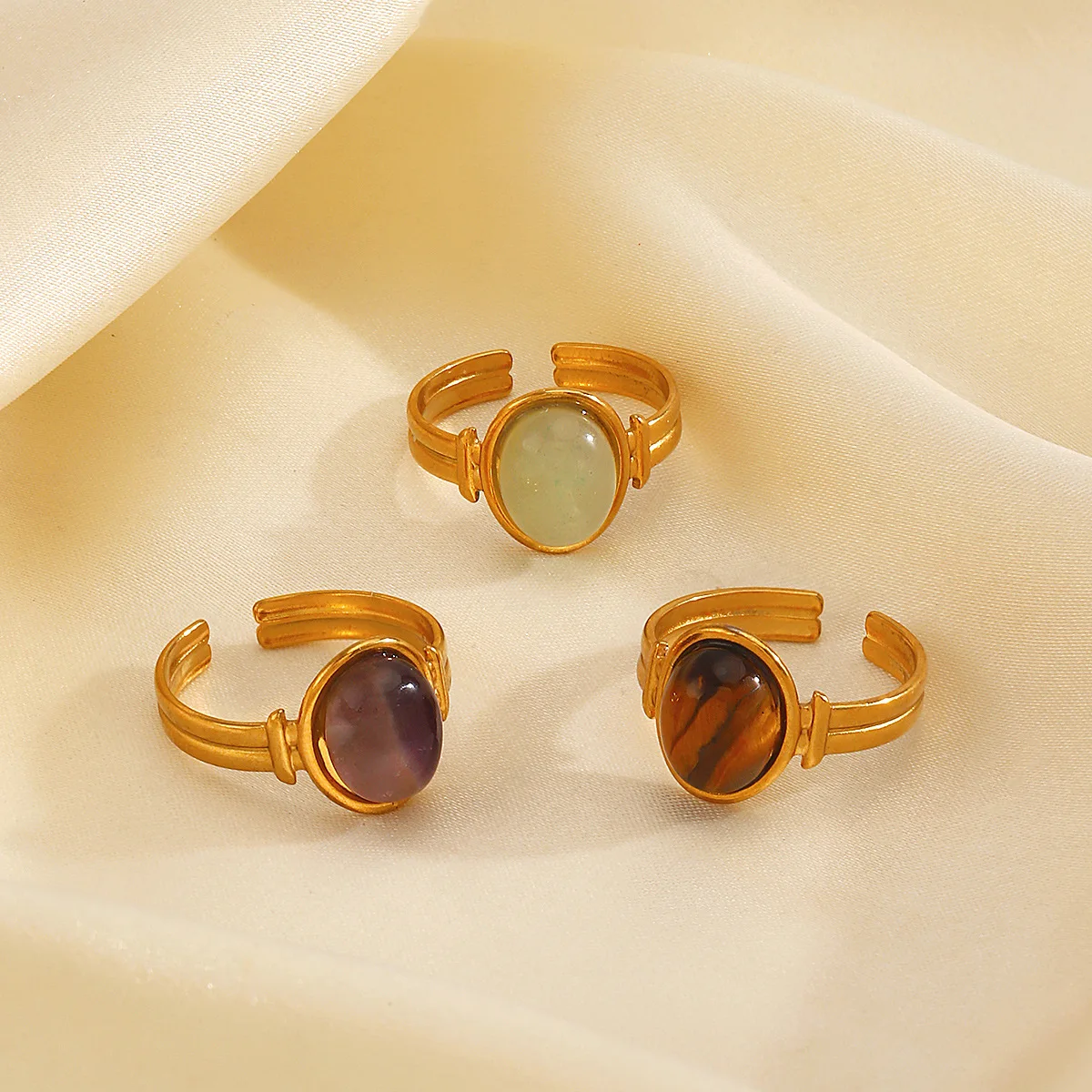 Vintage 18K Gold Plated Natural Stone Tiger Eyes Open Adjustable Ring Non Tarnish Stainless Steel Green Aventurine Gold Ring