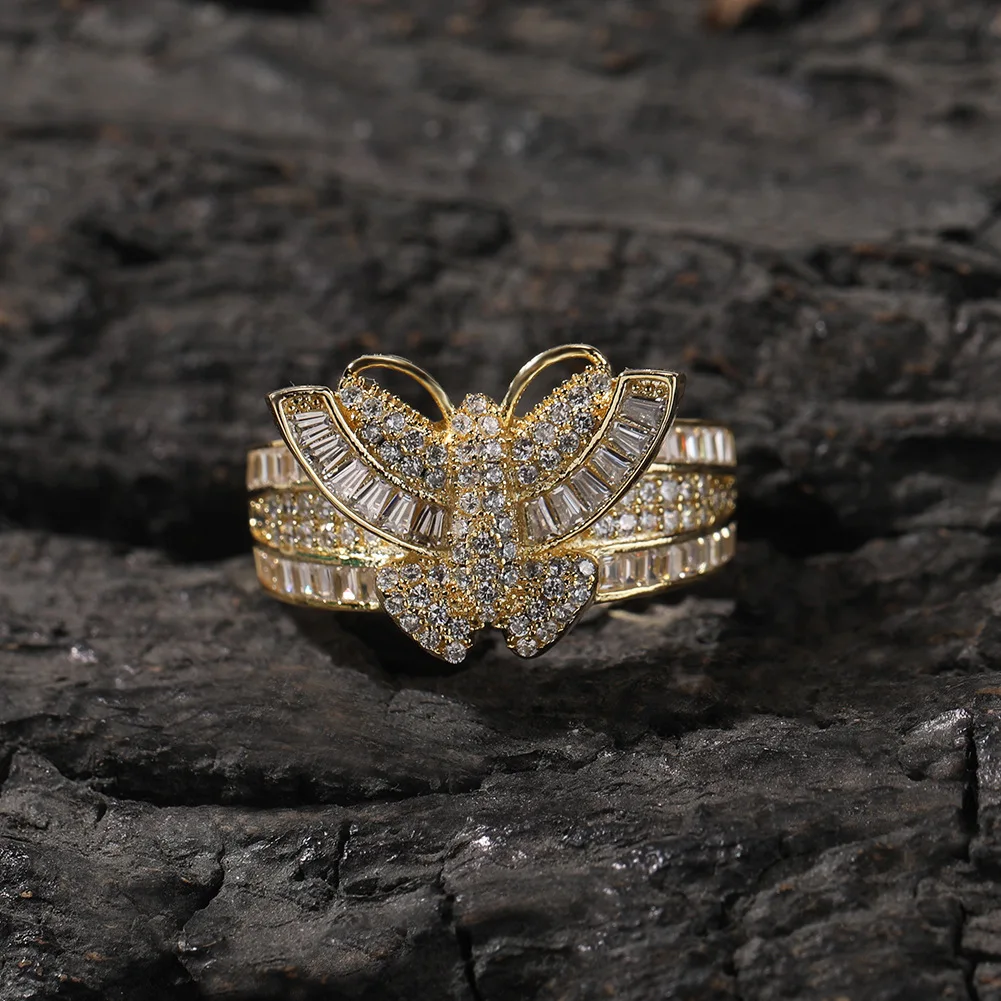 Hiphop Fashion Gold Plated Copper Butterfly Zircon Finger Ring Jewelry For Women Girls