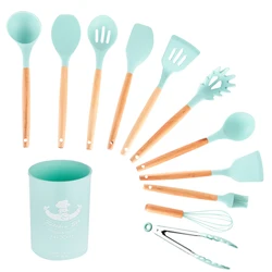 Hot sale high quality 11 piece silicone kitchenware with wooden handle 2 buyers