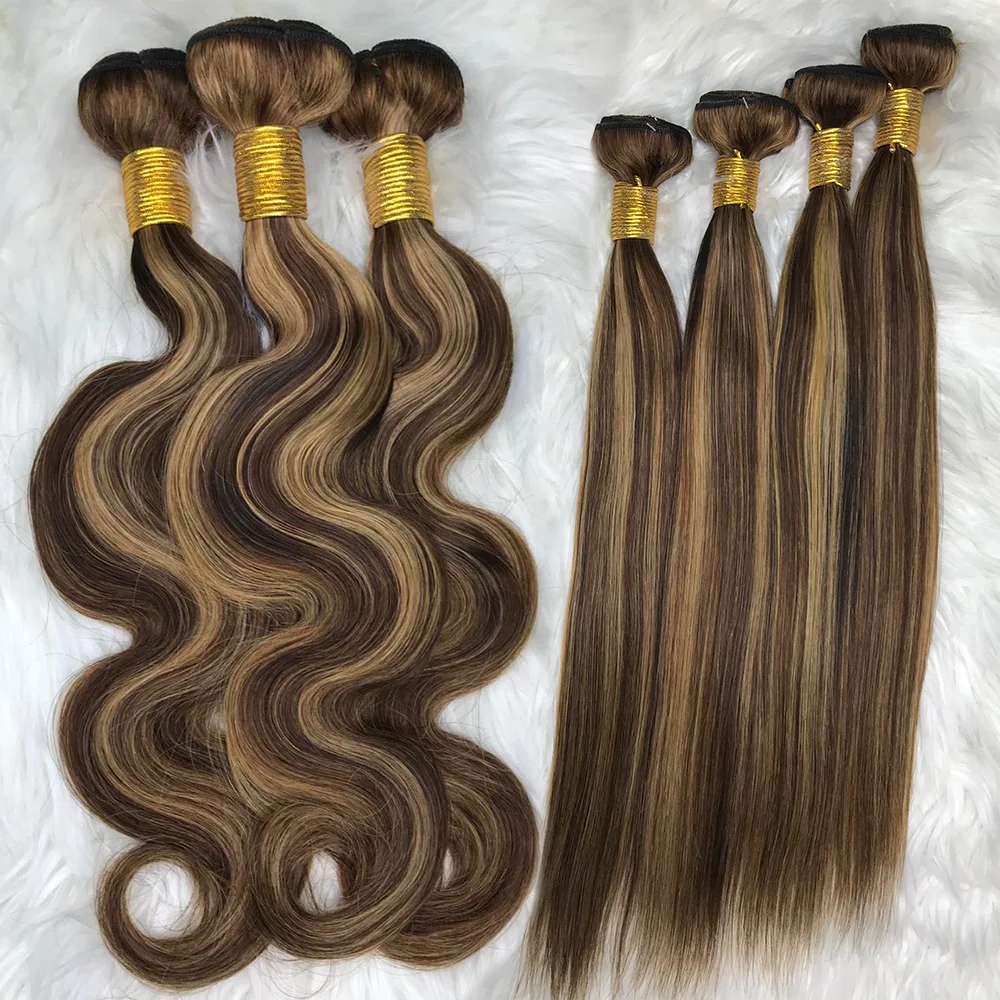 Brazilian Double Drawn Mixed Color Highlight P4/27 Piano 100g Bone Straight Body Wave raw Human Hair Weave Bundle with closure