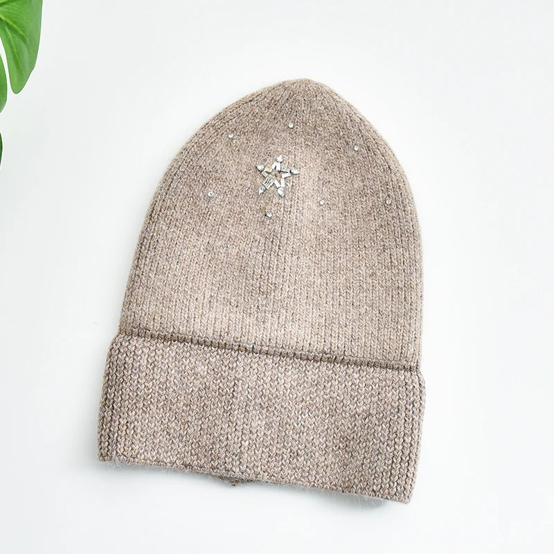 Winter Women Angora Knitted Long Hair Wool Beanie Shiny and Sparkling Diamond Hat Knit Beanies With Jewels Decoration