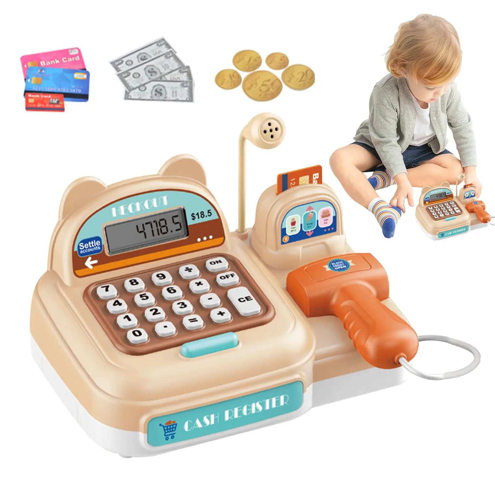 EPT Kids Pretend Play Preschool Supermarket Toy Cash Register Toys with Handheld Scanner Live Microphone Calculator