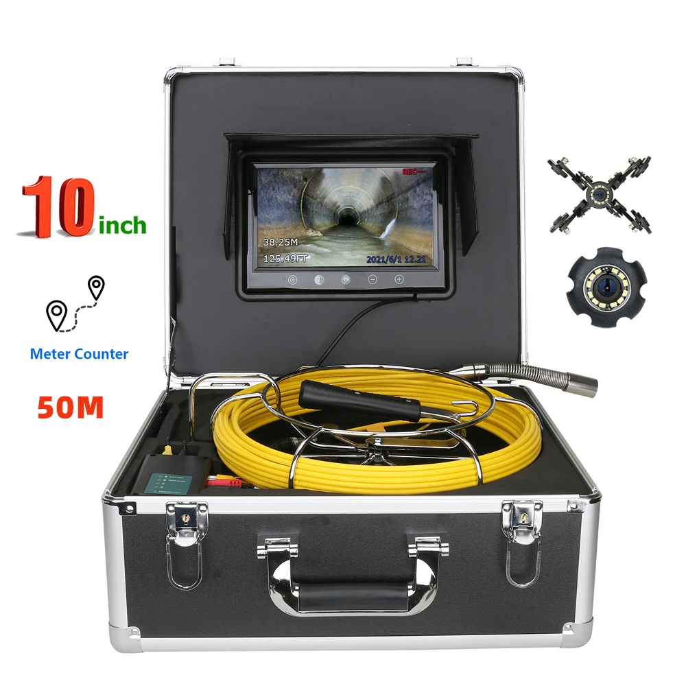50M Sewer Pipe Inspection Camera With Meter Counter 10 inch Monitor IP68 HD 1000TVL Drain Sewer Pipeline Industrial Endoscope