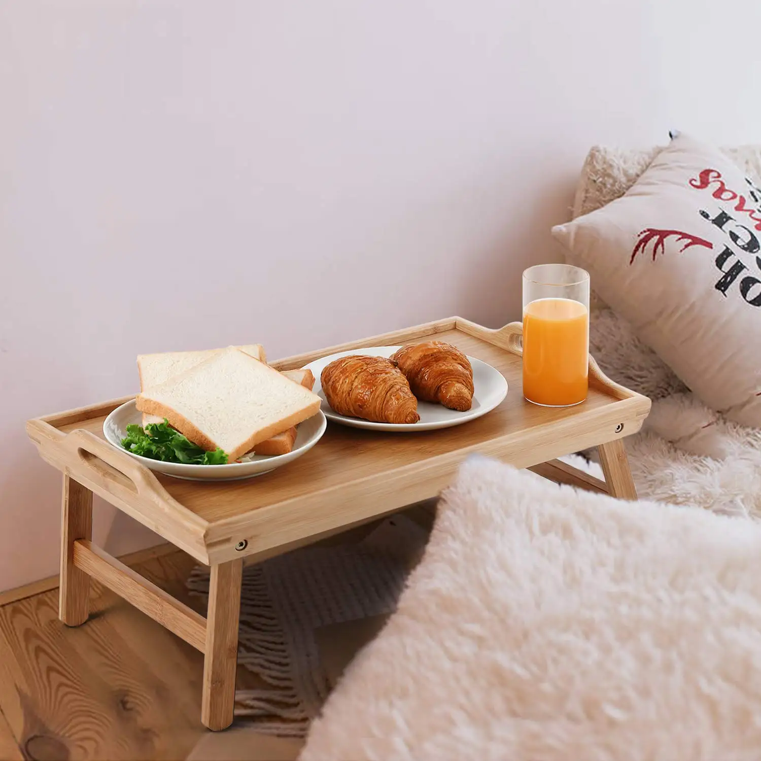 Waterproof Wooden Bamboo Food Tea Serving Breakfast Tray With Folding Legs