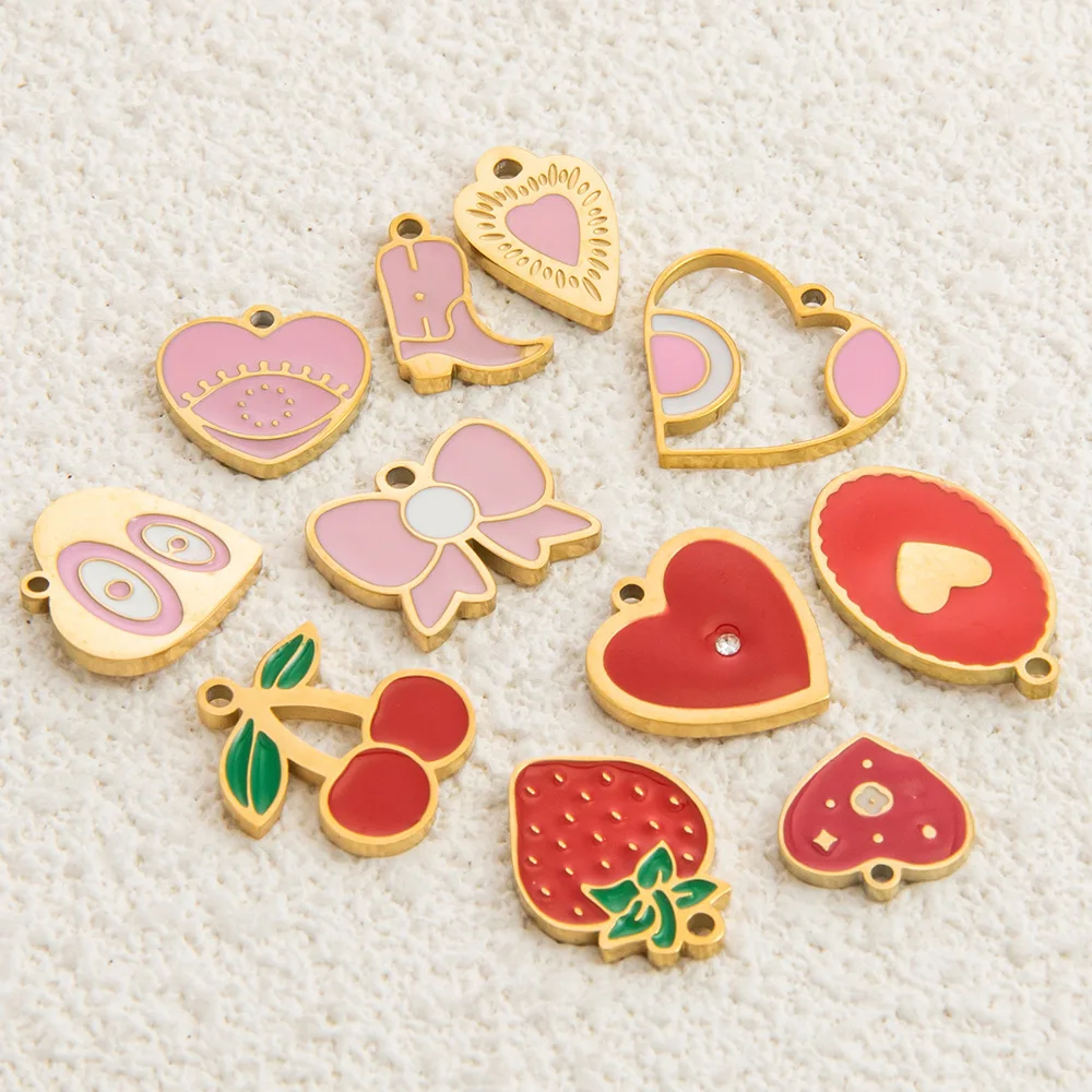18k Gold Plated Stainless Steel Fruit Heart Pendant Enamel Cute Strawberry Apple Watermelon Banana Charms Fashion Accessories