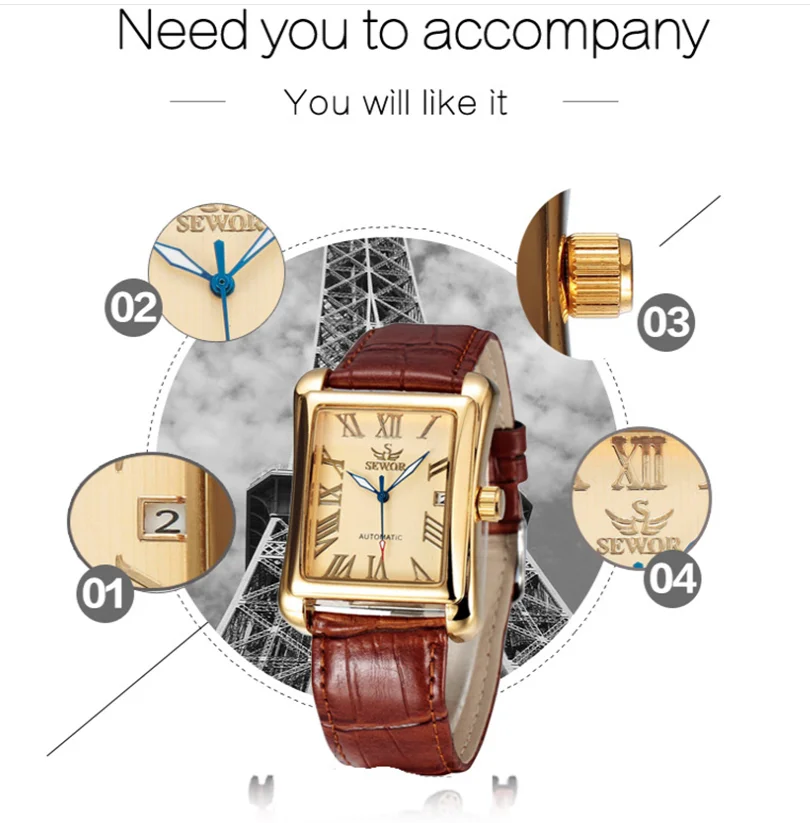 New SEWOR Top Brand Luxury Rectangular Men Watches Automatic Mechanical Watch Roman Display Antique Clock Relogio Wrist Watch