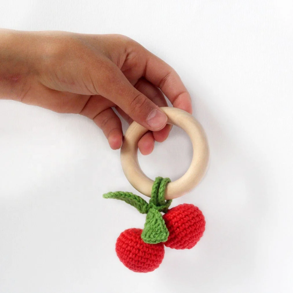 Crochet cherry rattle 1st birthday fruit crochet rattle with ring first toy amigurumi food developing toy easter basket