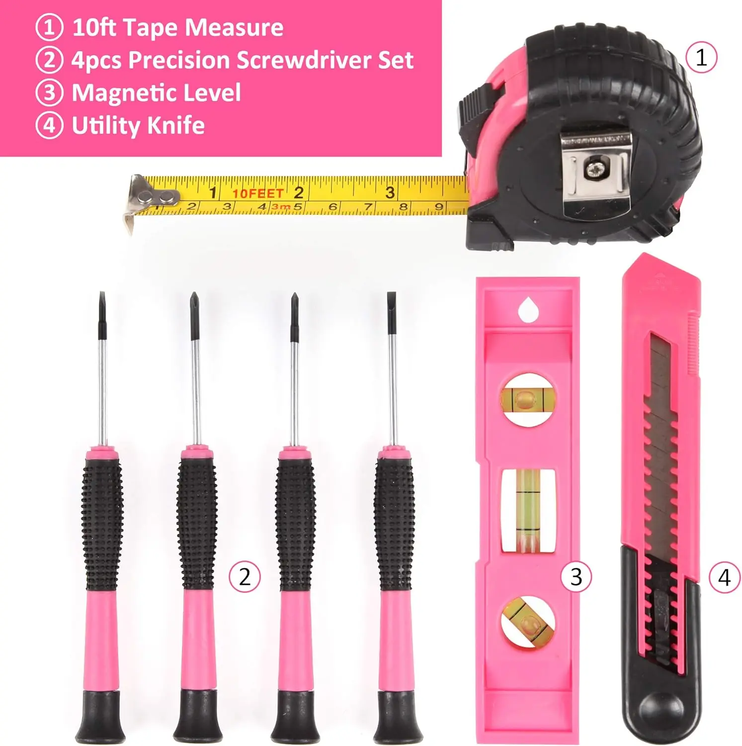 Home Basics Tool Set with Easy Carrying Round Pouch 104 Piece Pink household tool in tool bag with zipper