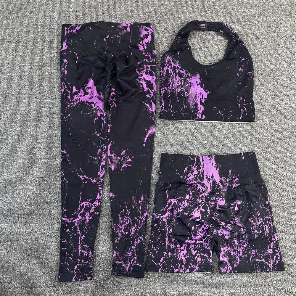 Hot Seamless Tie dye Yoga Sports Fitness Sets High Waist Hip Raise Trousers Beauty Back Bra Suits Women Workout Gym Leggings Set