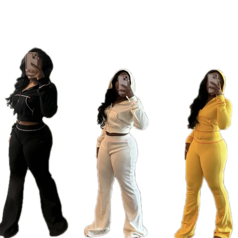 KY Customization Luxury Brand Clothing Elegant Woman Sets Waffle Knit Sweatsuit Contrast Stitching Waffle Knits Loungewear