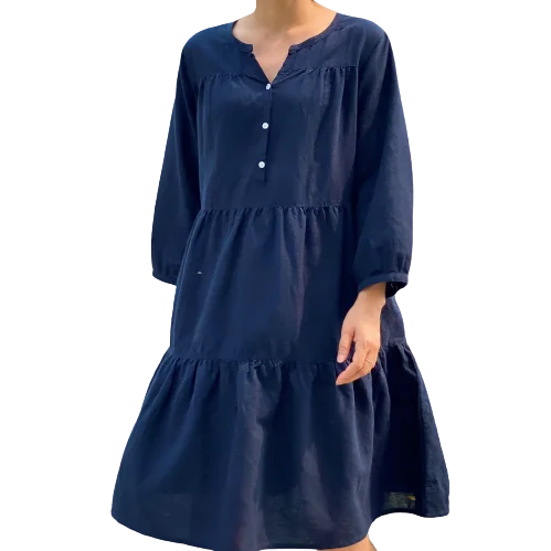 Latest Design Elegant Navy Long V-Neck 100% Cotton Outdoor Female Dress