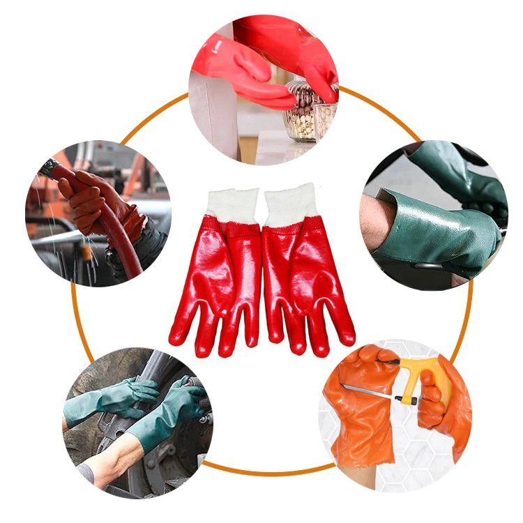 Sunnyhope red PVC smooth coated rough finished jersey liner knit wrist, PVC Oil Dipped Glove Knit Waterproof Thermal Gloves