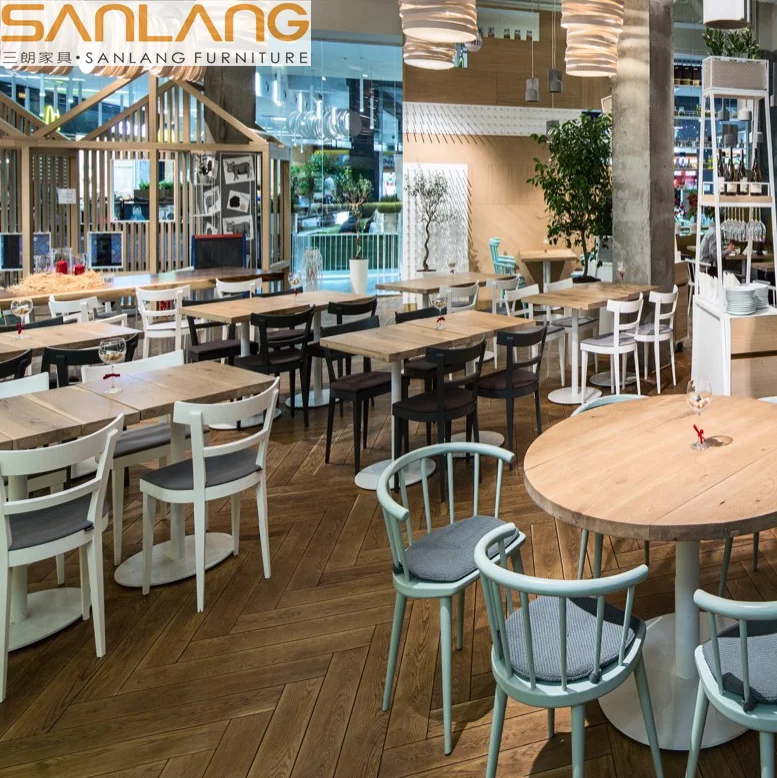 Hamburger fast food restaurant wood coffee desk 4 people tables and chairs space saving dining table set for wedding and event