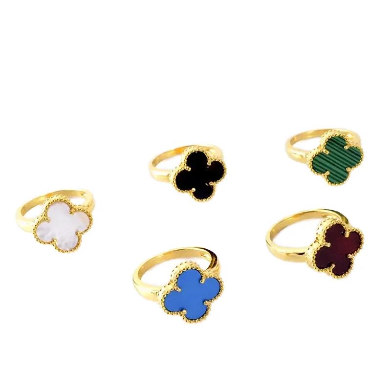 New Four-Leaf Clover Mother-Of-Pearl Adjustable Open Ring Electroplated 18K Simple Personality Ring Jewelry