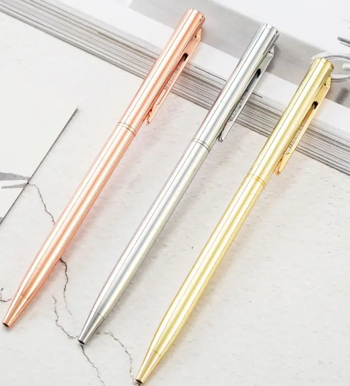 Cheap Luxury Laser Custom logo rose gold slim Simple Metal Ballpoint Pens Thin Hotel supplies Promotion Pen