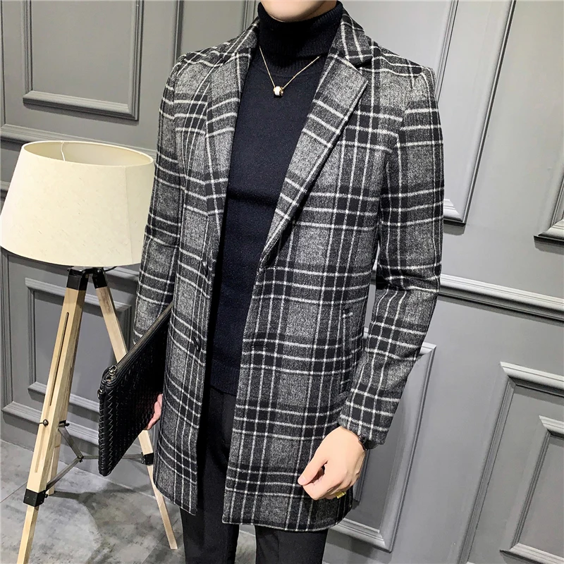 Hot Sale British Business Slim Fit Plaid Pea Lapel Tweed Long Woolen Trench Coat Wool Men Cashmere Wool Coat for Winter Clothing