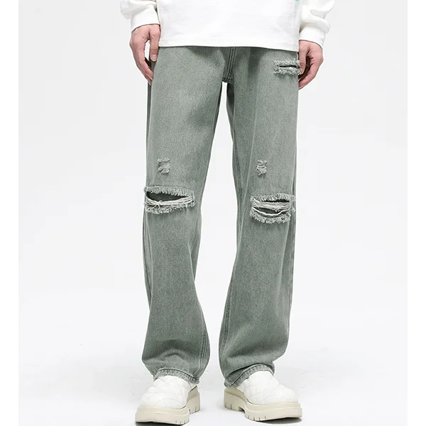 Custom Y2K retro baggy jeans green washed loose destroyed ripped wear holes solid jeans homme