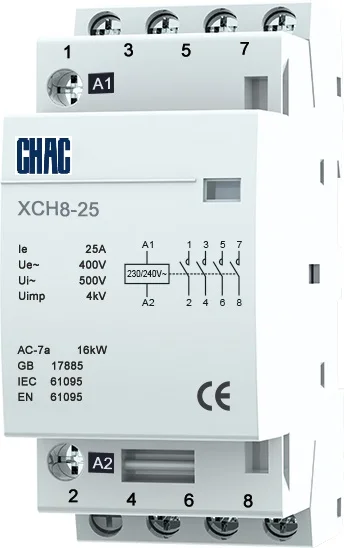 CHAC brand Modular Contactor XCH8 2 poles 4 poles 16A 25A 40A 230V/400V DIN rail mount