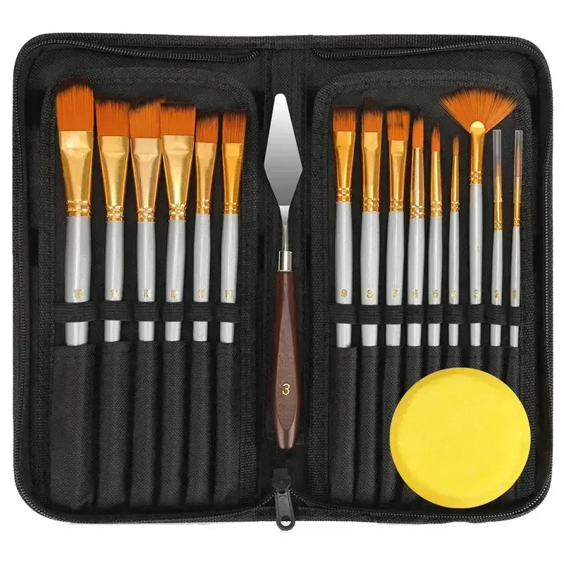 Brush Set Nylon hair 15 Pieces Oil Painting Brush Set with Palette Knife and Sponge studio activities kit
