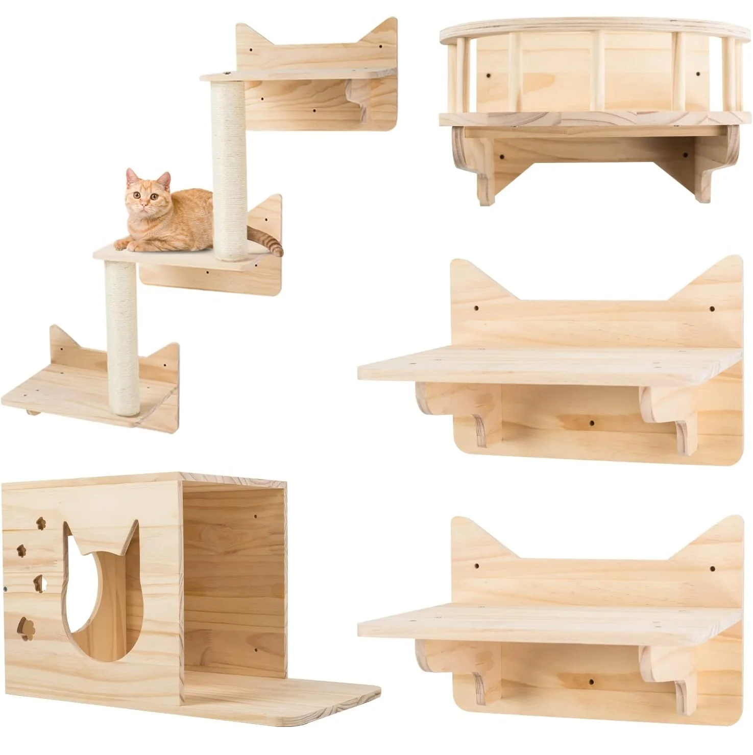 Pine bamboo cat wall climbing frame set of 5 cat wall furniture cat shelves and perches