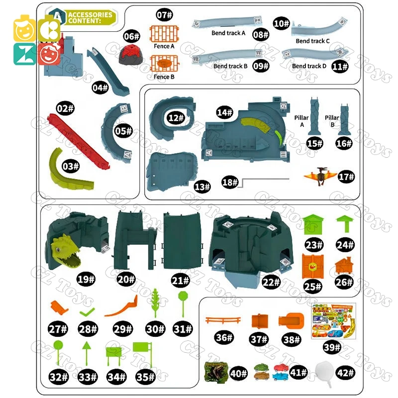 CZ Electrical Climbing Sliding Volcano Eruption Railcar Slot Car Vehicle Race Play Set Dinosaur Adventure with 8 Mini Cars