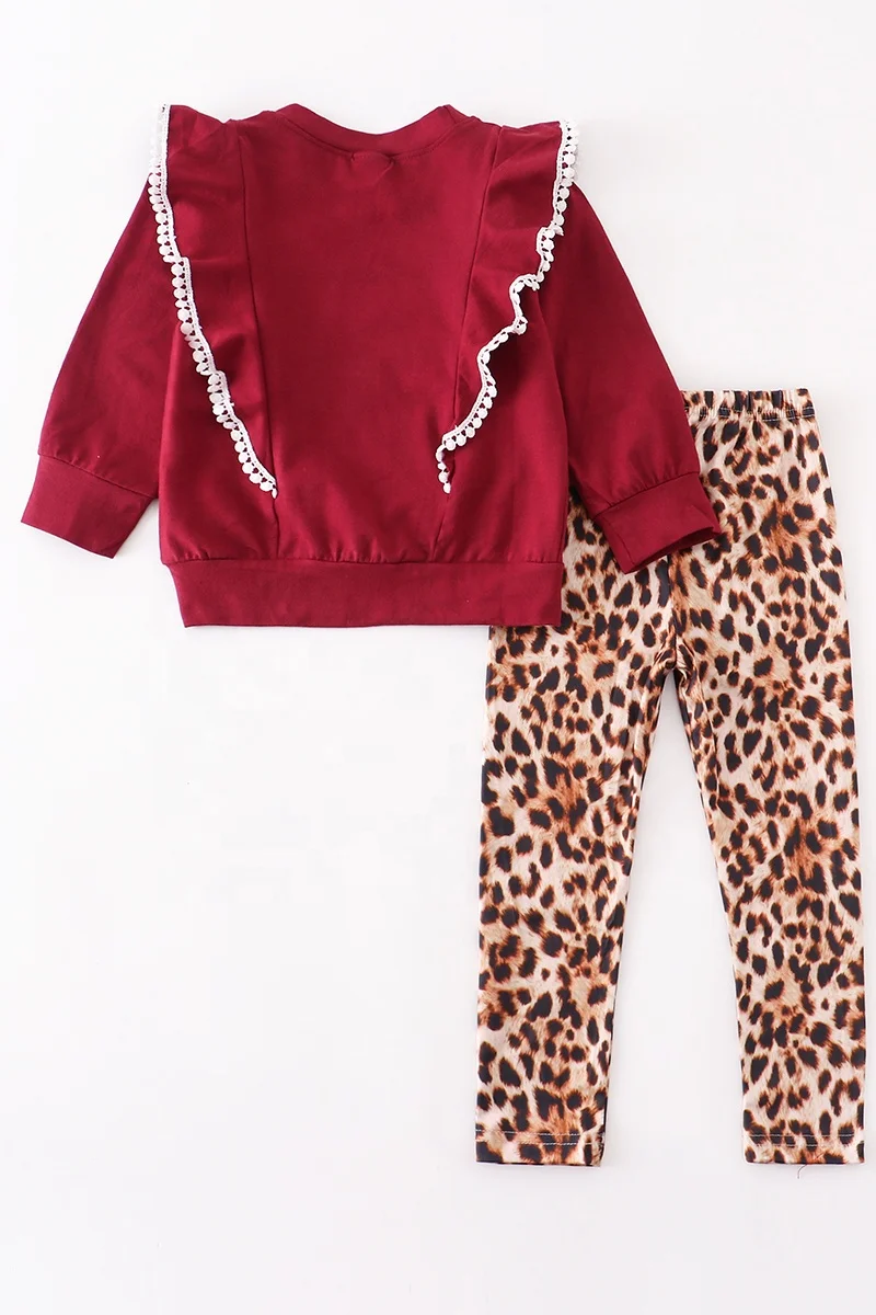 Girlymax 2023 Fashion Boutique Burgundy Cotton Ruffle Long Sleeve Cheetah Pants Baby Girls Outfit