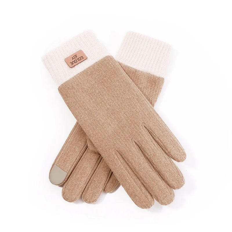 Winter new knitted touch screen mittenss women with fleece and thick outdoor windproof warm cationic self-heating finger cover