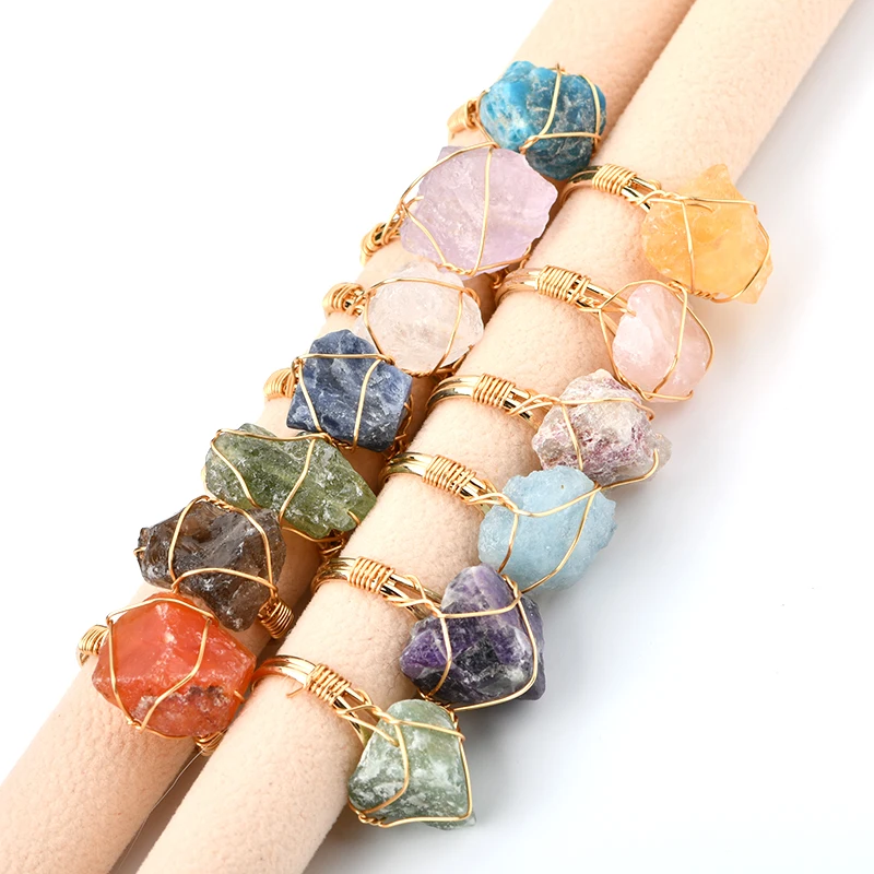 15-20mm Top Sale Crystal Gold Ring 13 Different Colors for Mix Order Hand Wire Wrap Mineral Crystal Ring