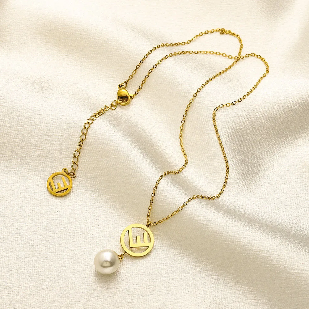 Designer Luxury Brand Stainless Steel Necklace & Earrings Set with Pearl 18K Gold Plating for Wedding Engagement Gift Giving