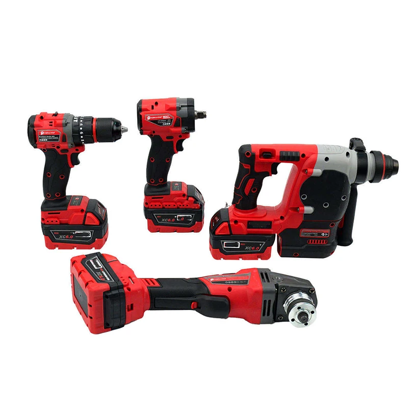 Red 10-In-1 Brushless Cordless Tool Set 4-Piece Hammer Drill Impact Wrench Angle Grinder 4 Batteries OEM Power Drills